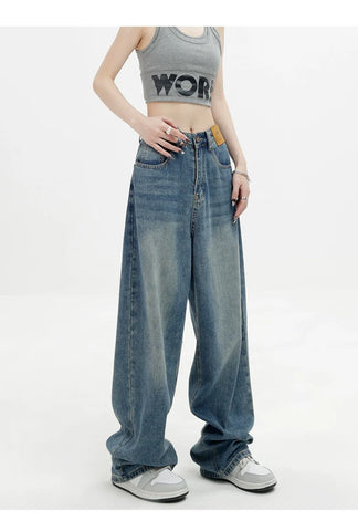 Blue Retro Loose Straight-Leg High-Waist Floor-Length Jeans