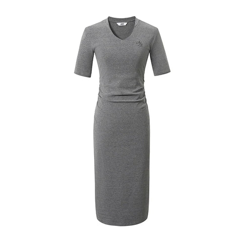 Sleek V-Neck Midi Dress: Figure-Hugging Bodycon with Elbow-Length Sleeves in Heather Gray and Black