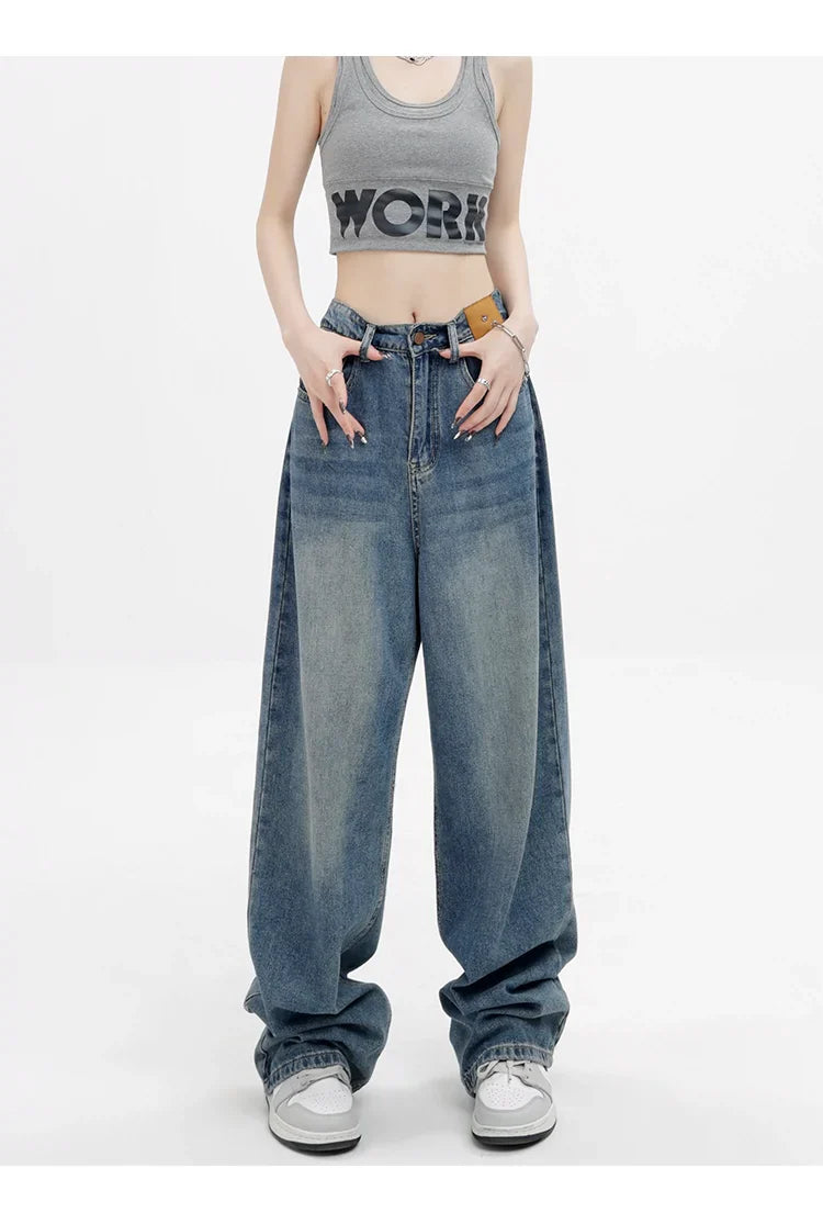 Blue Retro Loose Straight-Leg High-Waist Floor-Length Jeans