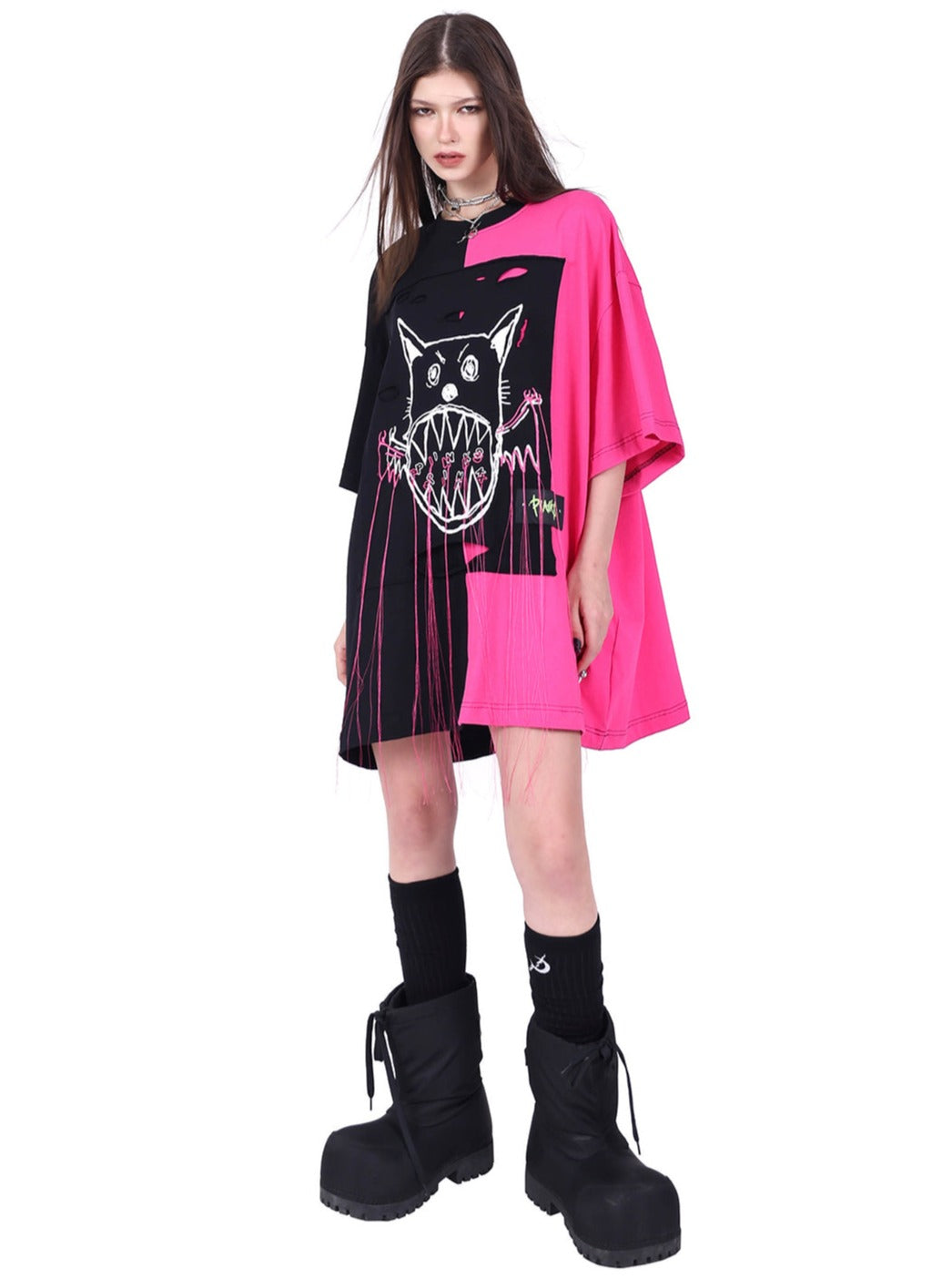 PINKSPINK Two-Tone Graphic Oversized T-Shirt - Black/Pink