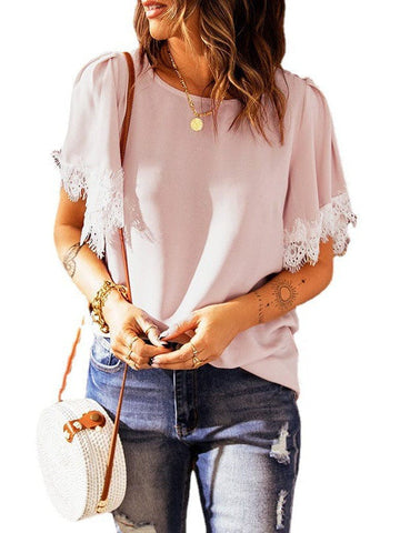 Lace Round Neck Patchwork Women's Short-Sleeved Pullover Top