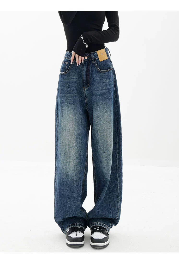 Blue Retro Loose Straight-Leg High-Waist Floor-Length Jeans