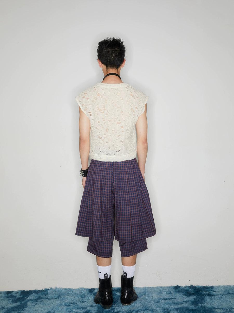 Plaid Buckle-Front Layered Unisex Skort