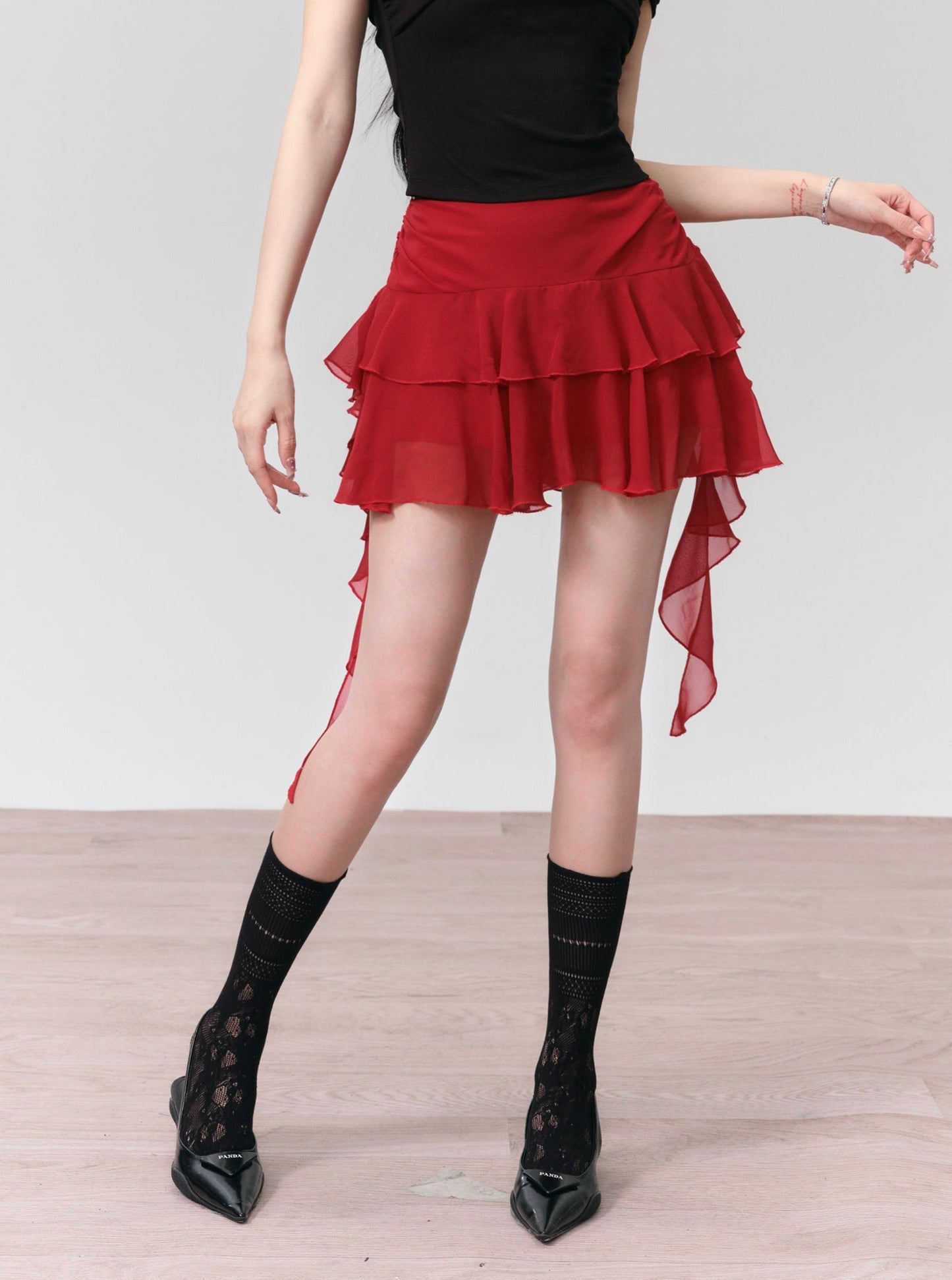 Flamenco-Inspired Dance Set: Off-Shoulder Rose Top and Ruffled Mini Skirt