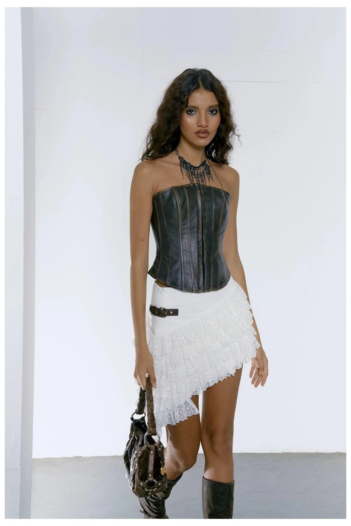 Strike A Pose Tiered Lace Asymmetrical Mini Skirt - Women'S Ruffled High-Low Wrap Skirt With Buckle Detail