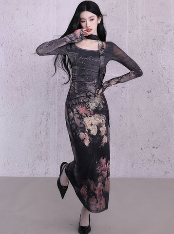 Enchanting Midnight Bloom Maxi Dress: Long-Sleeve Bodycon with Vintage Floral Print and Choker Detail