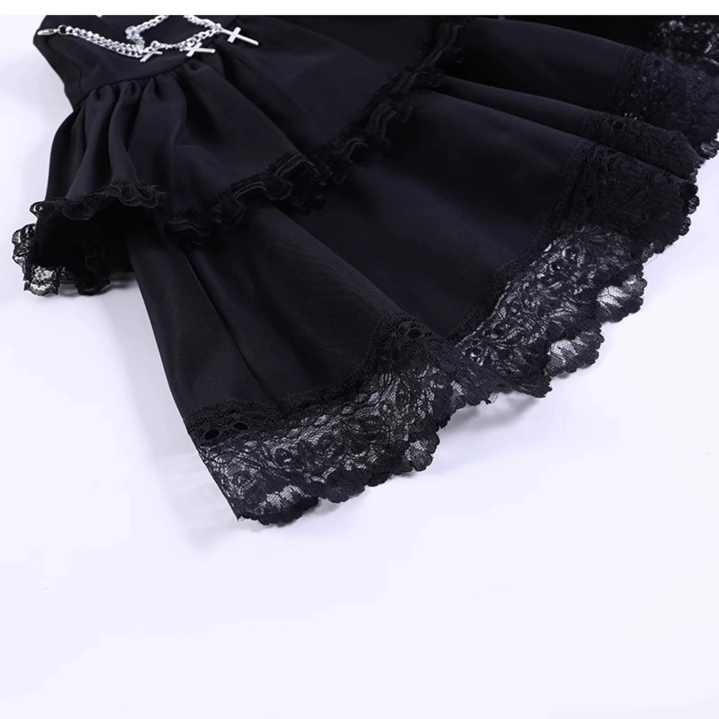 Wannathis Gothic Lolita Mini Skirt - Black Tiered Ruffle With Lace-Up Waist And Cross Chains