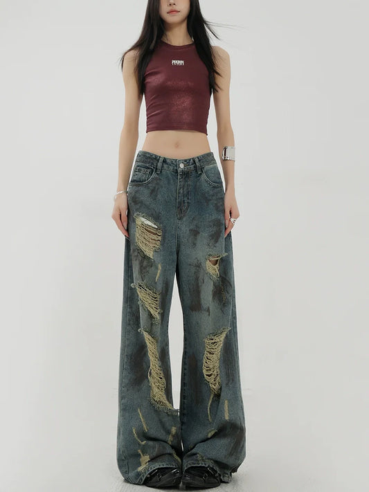 Retro Tie-Dye Distressed Wide-Leg Jeans With Washed Effect And Draping Fit
