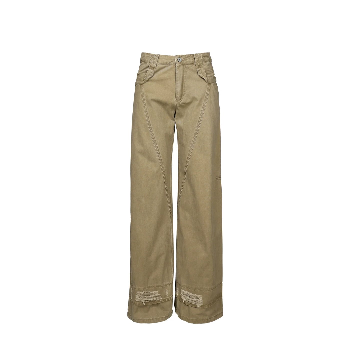 Wide-Leg Khaki Cargo Pants with Distressed Hem