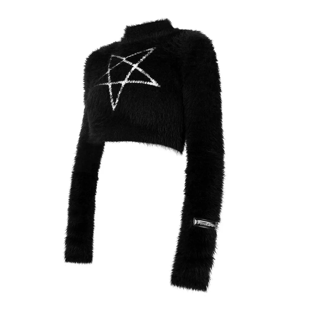 PINKSPINK Pentagram Fuzzy Crop Top and Skirt Set - Black