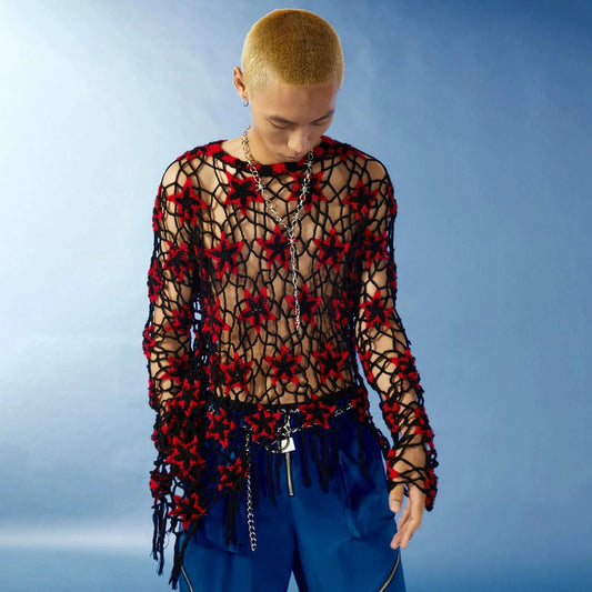 Red And Black Floral Crochet Sweater