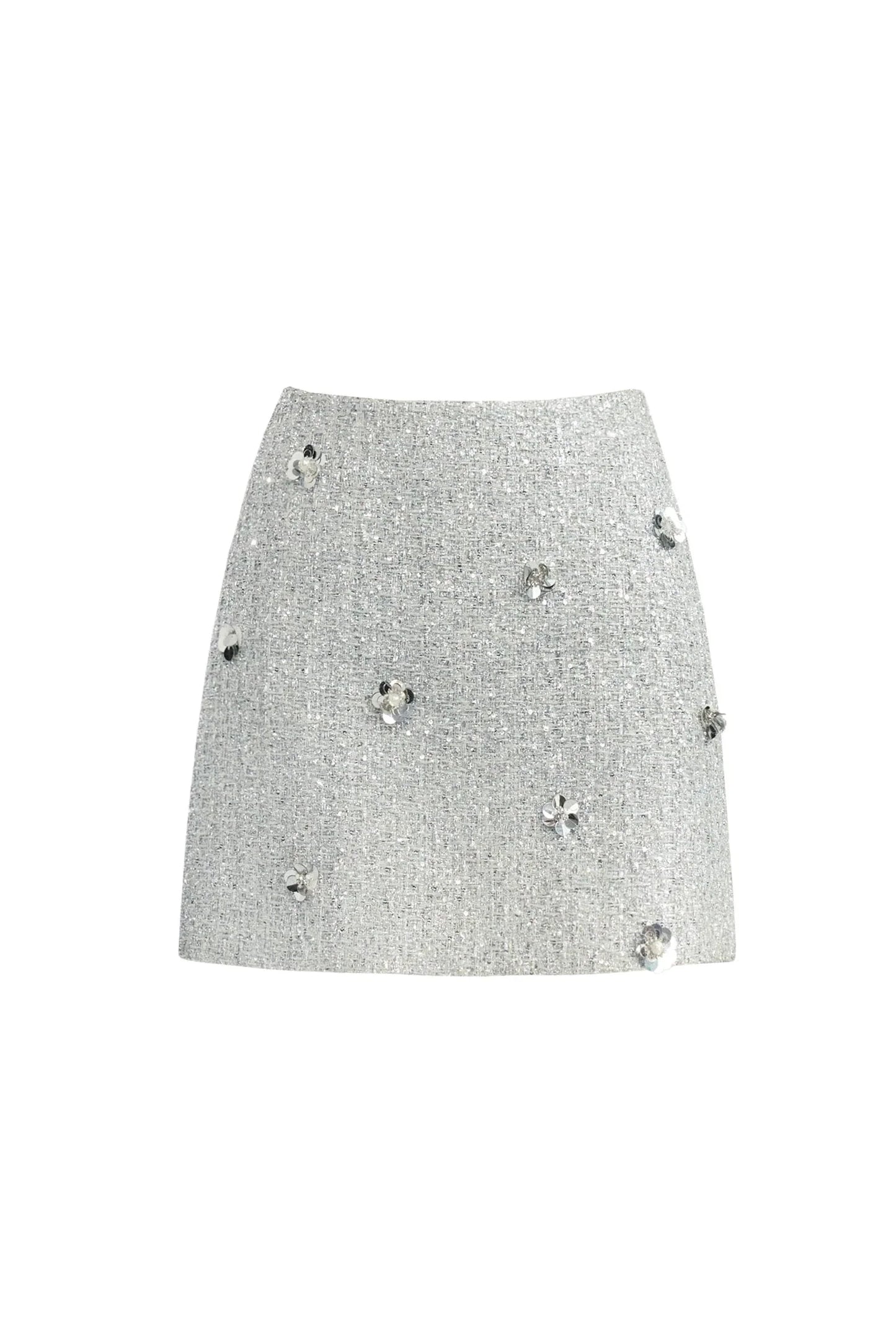 Starlit Nights Embellished Mini Skirt - Silver Sparkle with Crystal Flowers