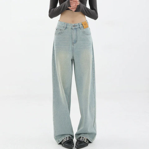 Blue Retro Loose Straight-Leg High-Waist Floor-Length Jeans