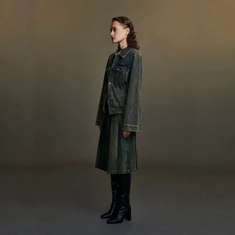 Retro Pleated Denim Skirt