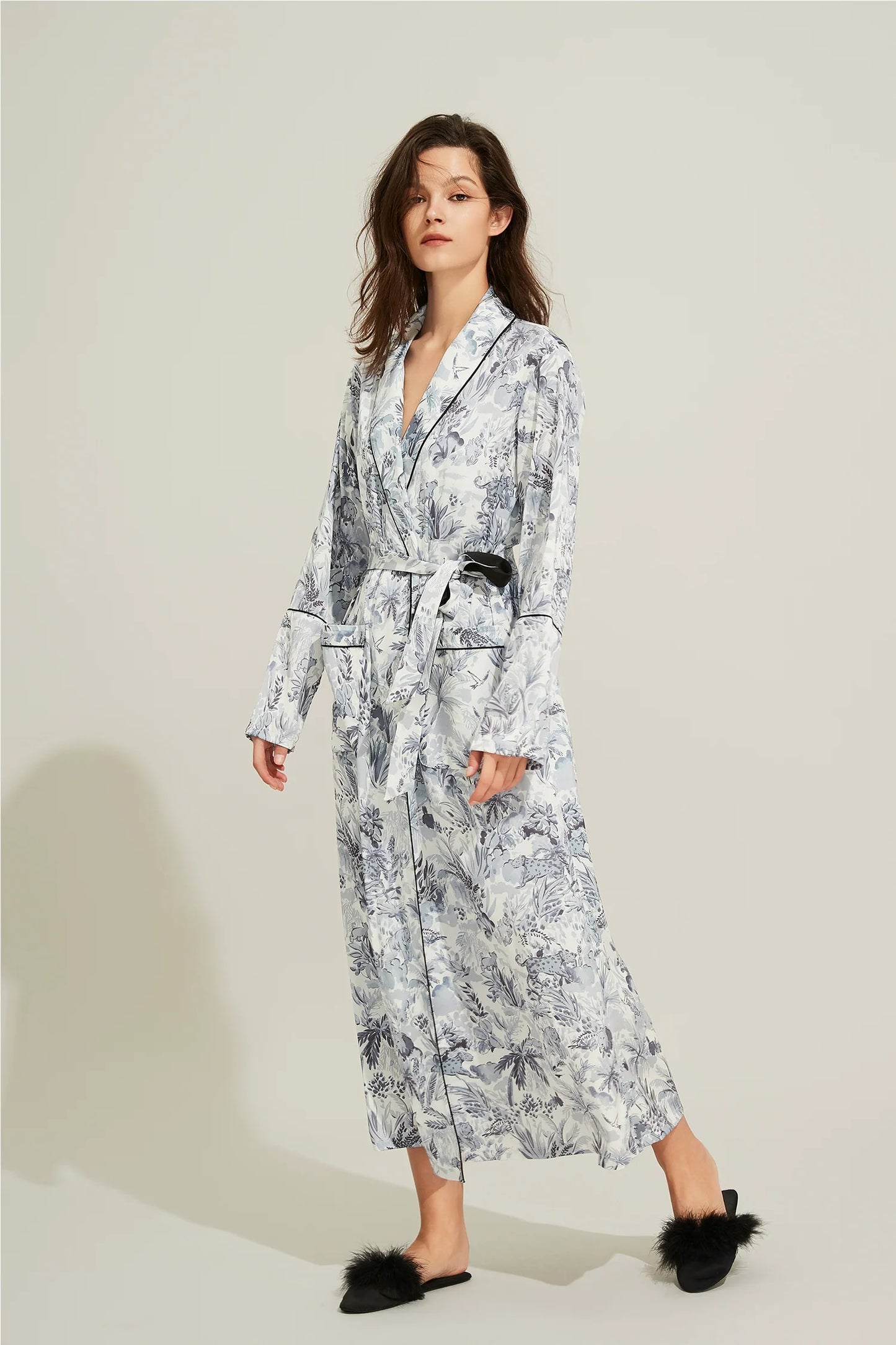 Silk Thin Long Robe With Tie Waist Sleepwear