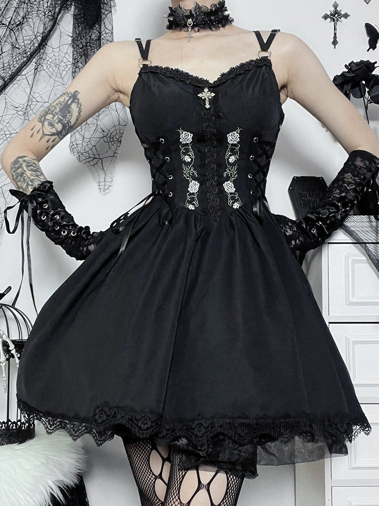 Wannathis Gothic Lolita Dress Set - Black Corset Mini Dress With Lace Bolero And Gloves