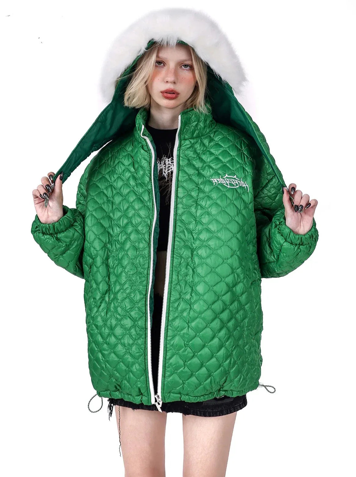 PINKSPINK Quilted Fur-Trimmed Puffer Jacket - Green and Black