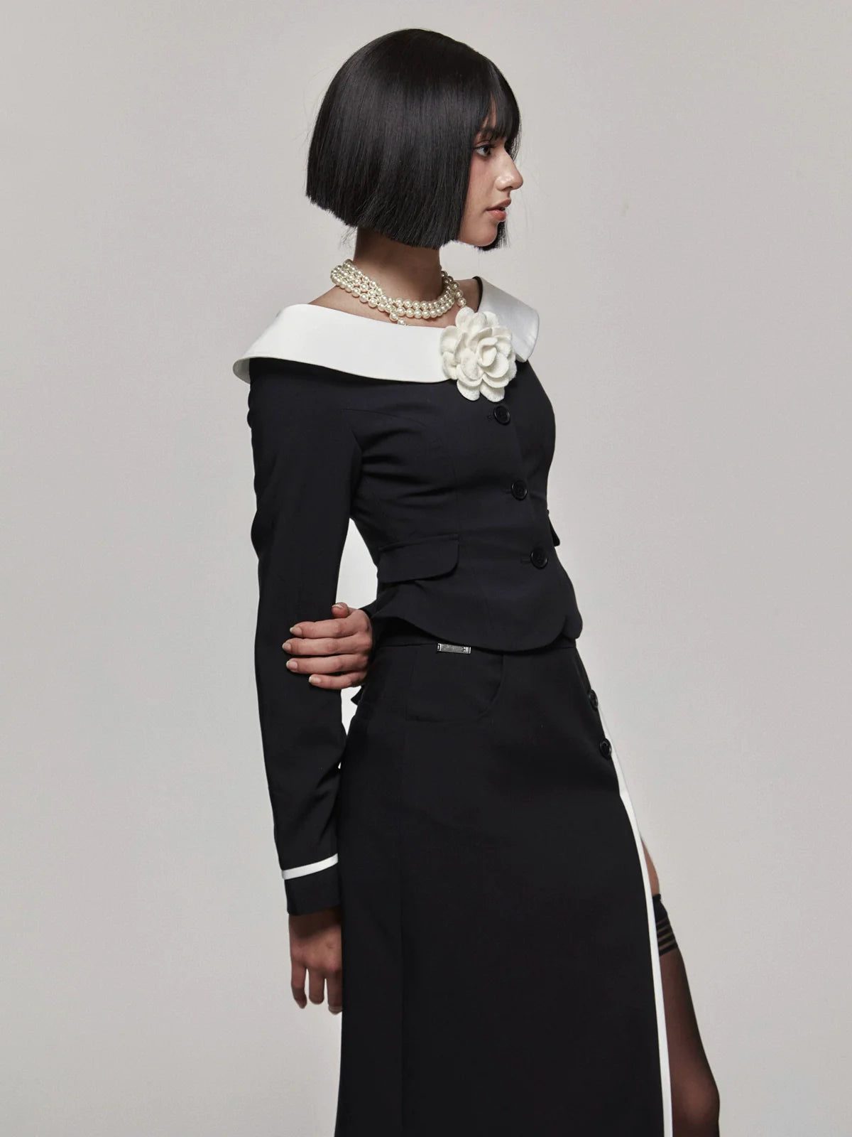 Monochrome Asymmetrical Blazer Set With Hourglass Top And Slimming Long Skirt