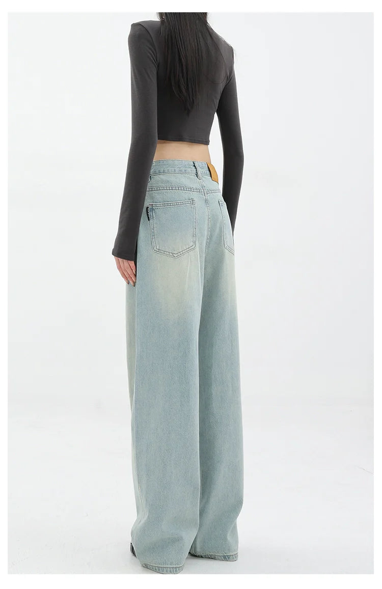 Blue Retro Loose Straight-Leg High-Waist Floor-Length Jeans