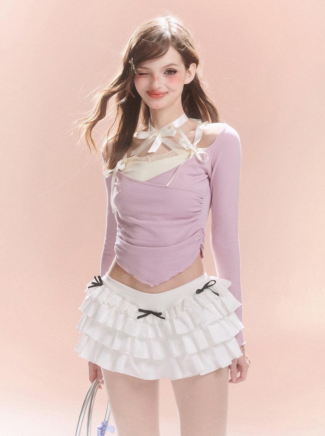 Elegant White Bow Mini Skirt With Slimming Fit