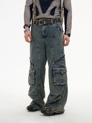 Detachable Suspender Washed Multi-Pocket Cargo Jeans