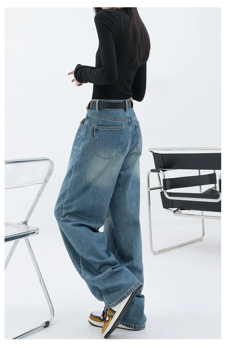 Blue Retro Loose Straight-Leg High-Waist Floor-Length Jeans