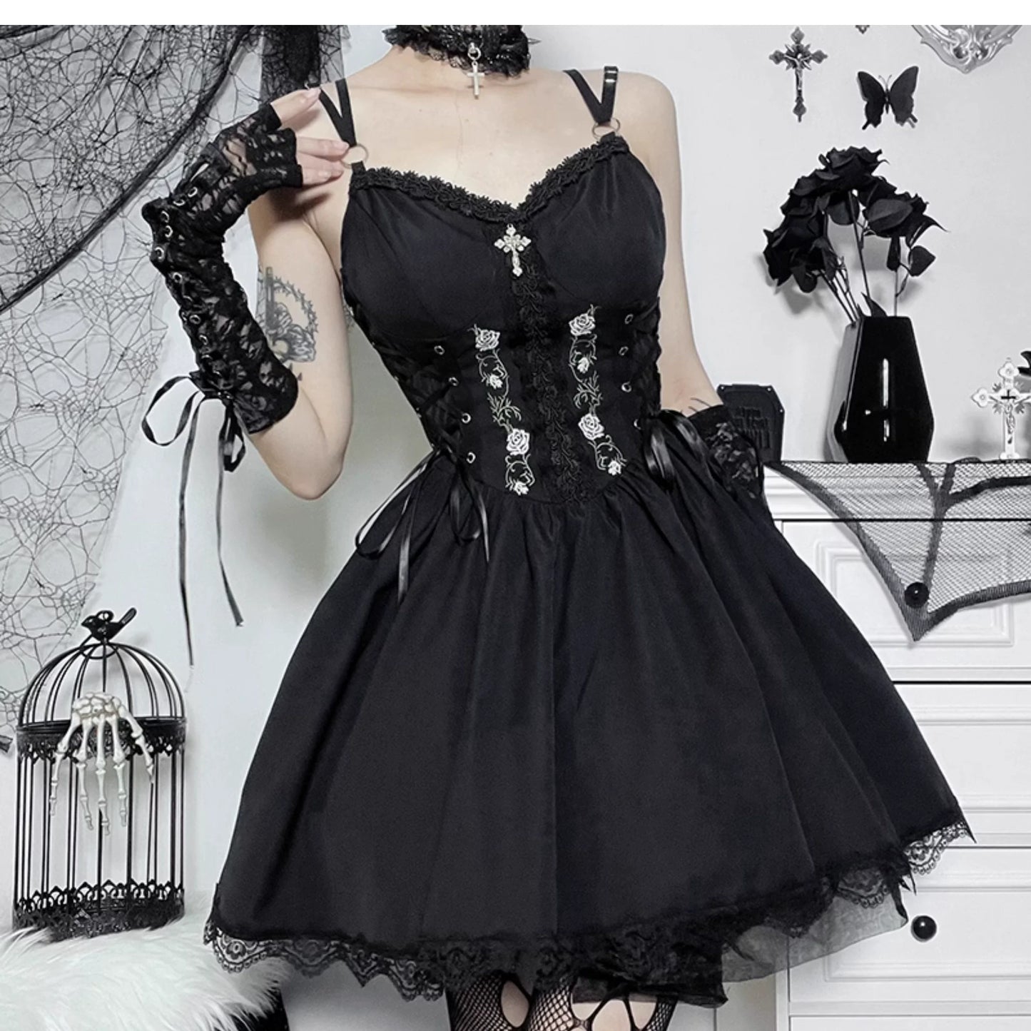 Wannathis Gothic Lolita Dress Set - Black Corset Mini Dress With Lace Bolero And Gloves