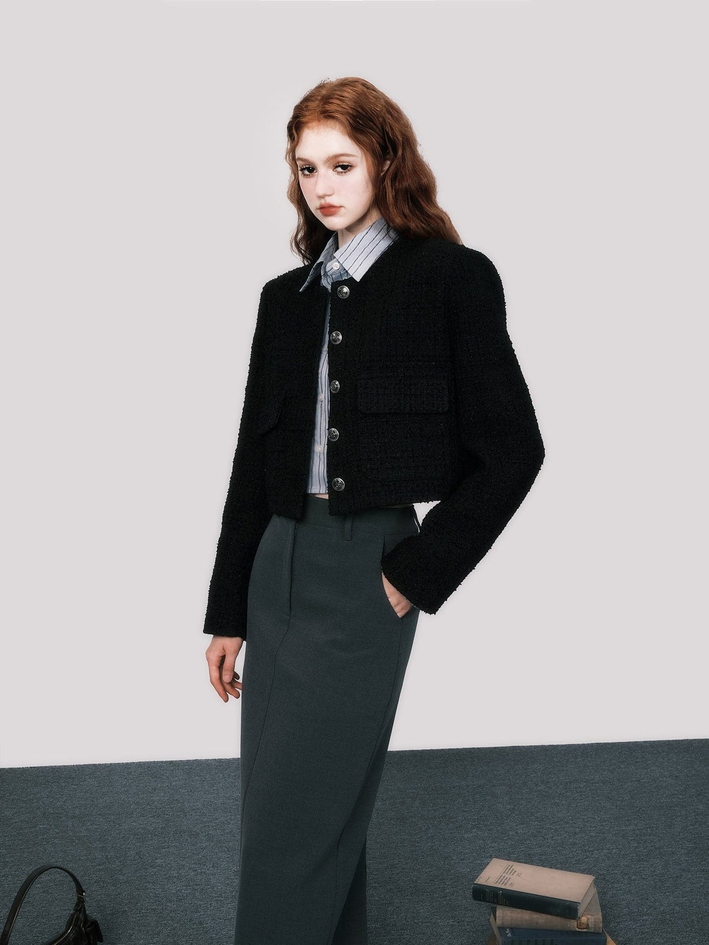 Sleek No-Collar Tweed Short Jacket