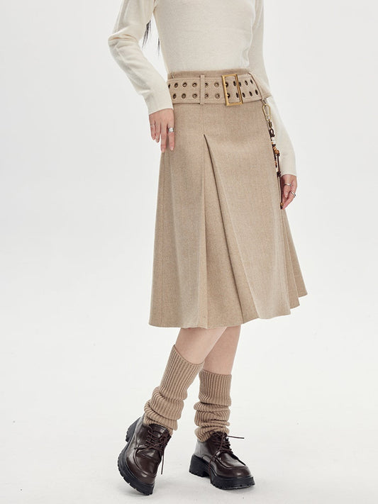 Beige Pleated Midi Skirt With Wide Belt - Wool Blend A-Line Winter Skirt