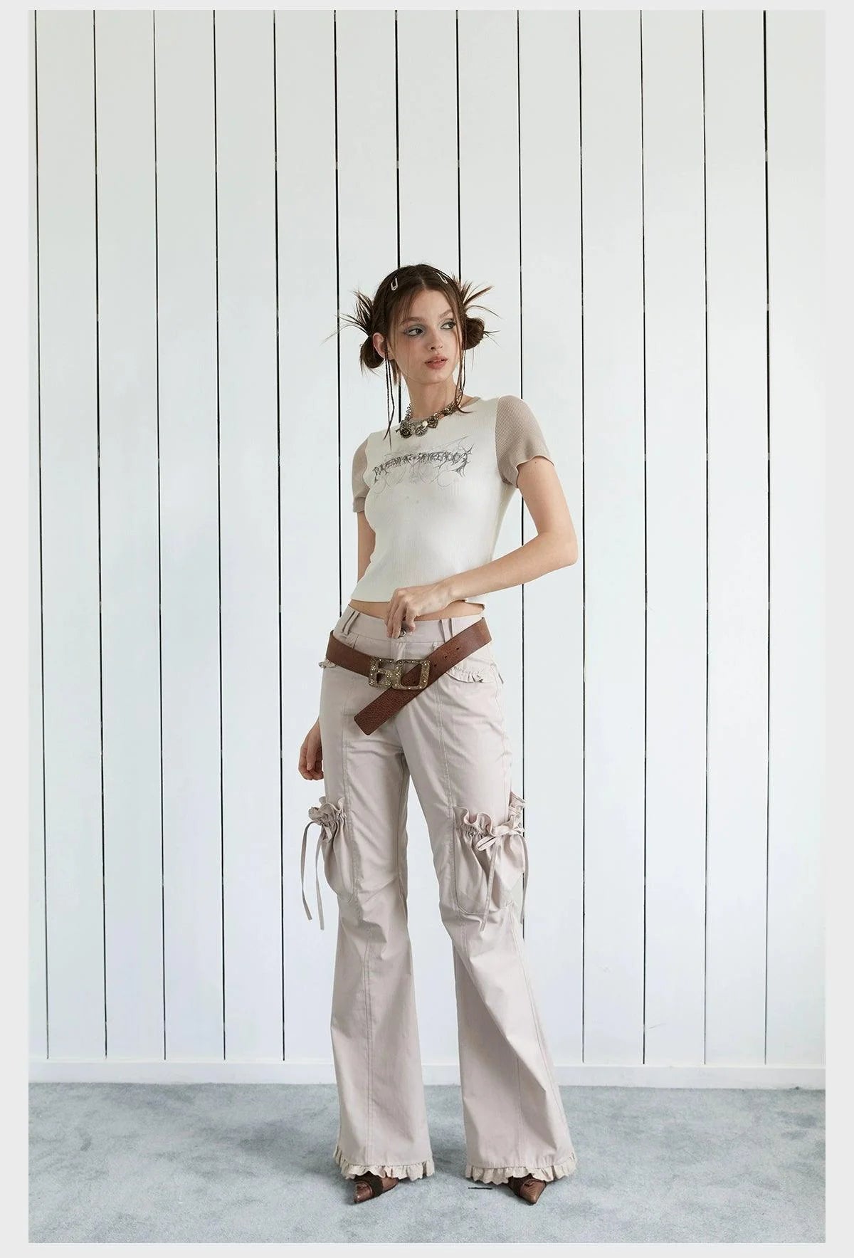 Strike A Pose Women'S Boho Cargo Pants - Wide Leg Drawstring Pocket Trousers With Decorative Belt