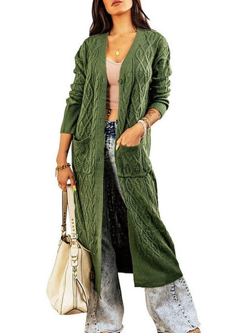 Fashionable Women's Solid Color Knit Cardigan with Long Sleeves and Button Pockets