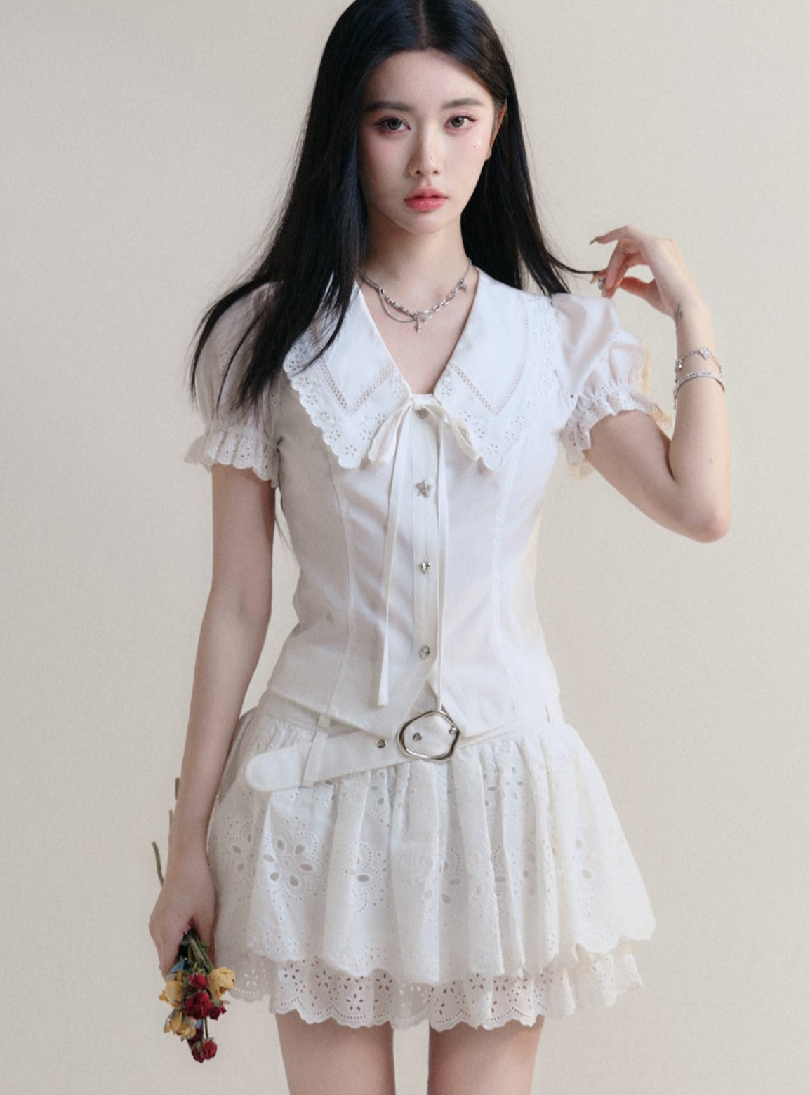 White Lace Collar Blouse and Eyelet Skirt Set