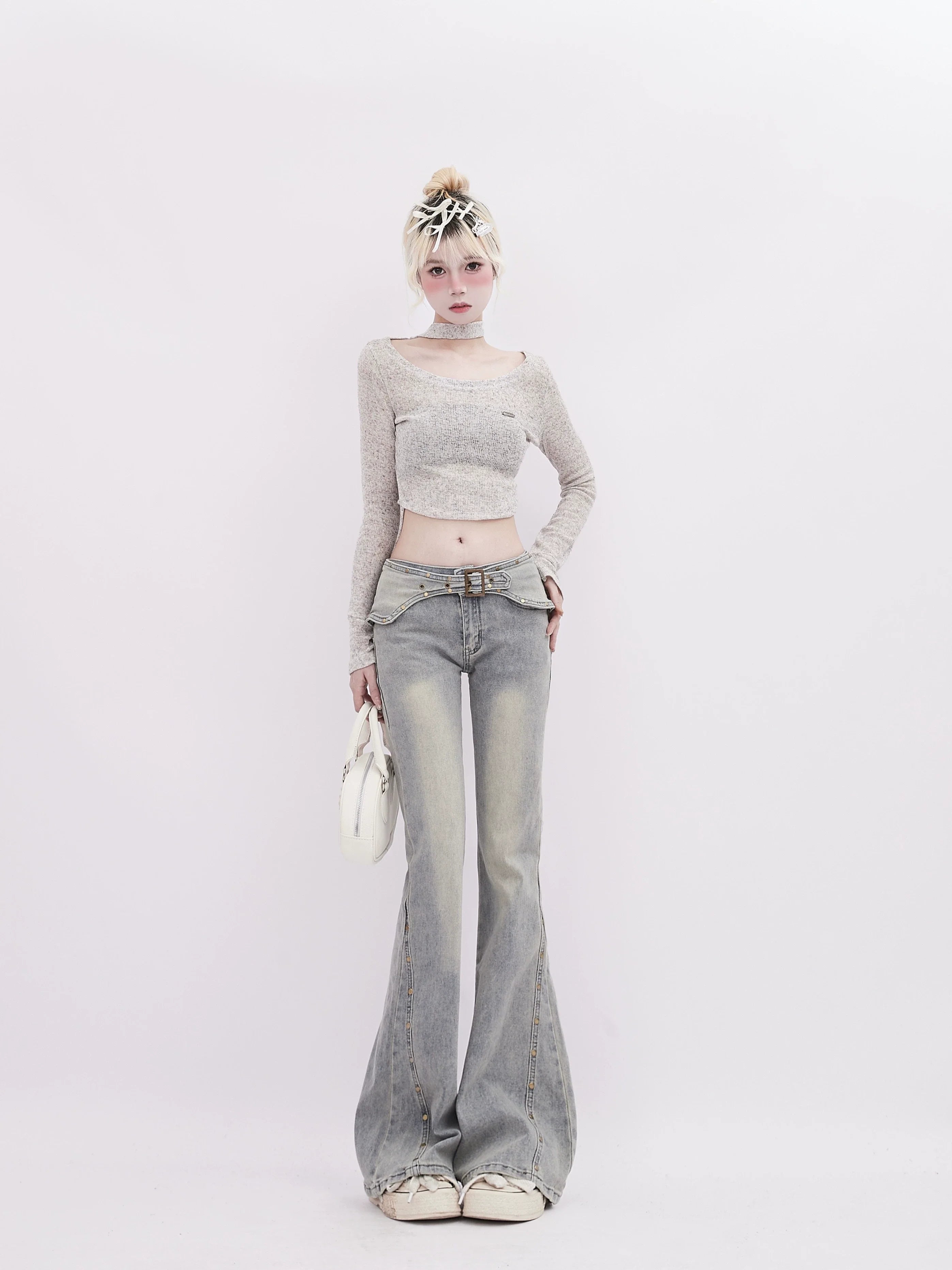 Retro Flared Jeans With Rivet Belt Detail