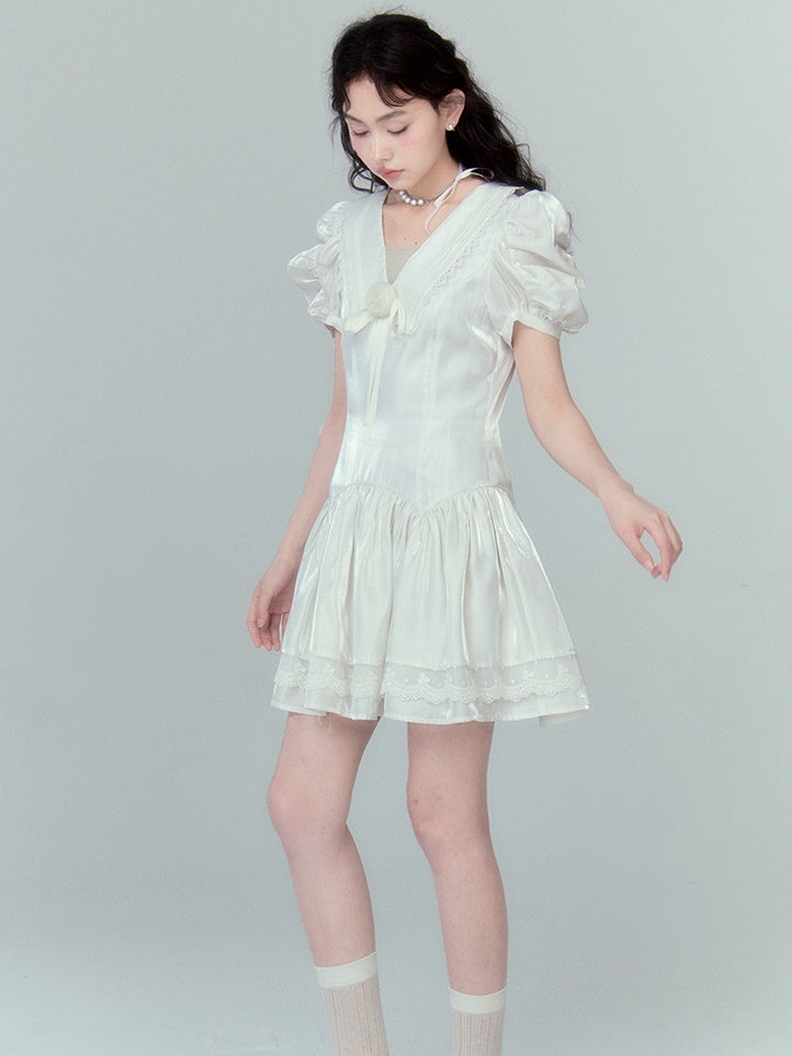 Rose Streamer Puff Sleeve V-Neck Dress