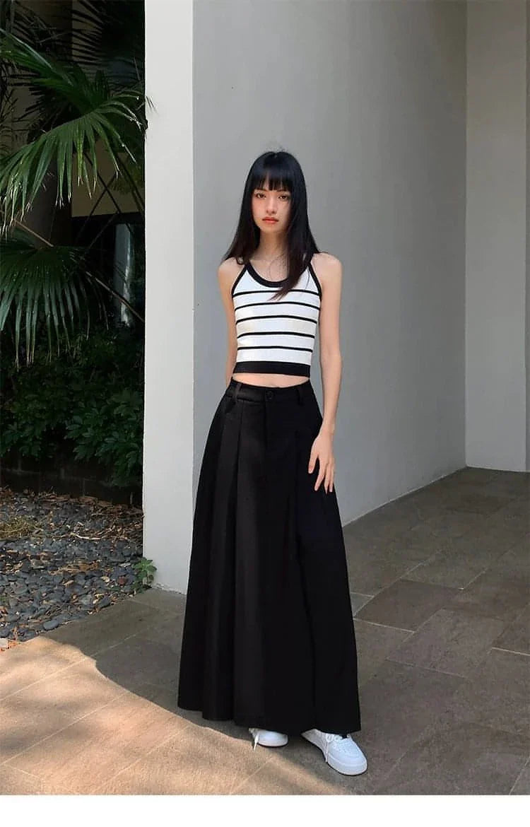 Summer Black High-Waisted Pleated Midi Skirt