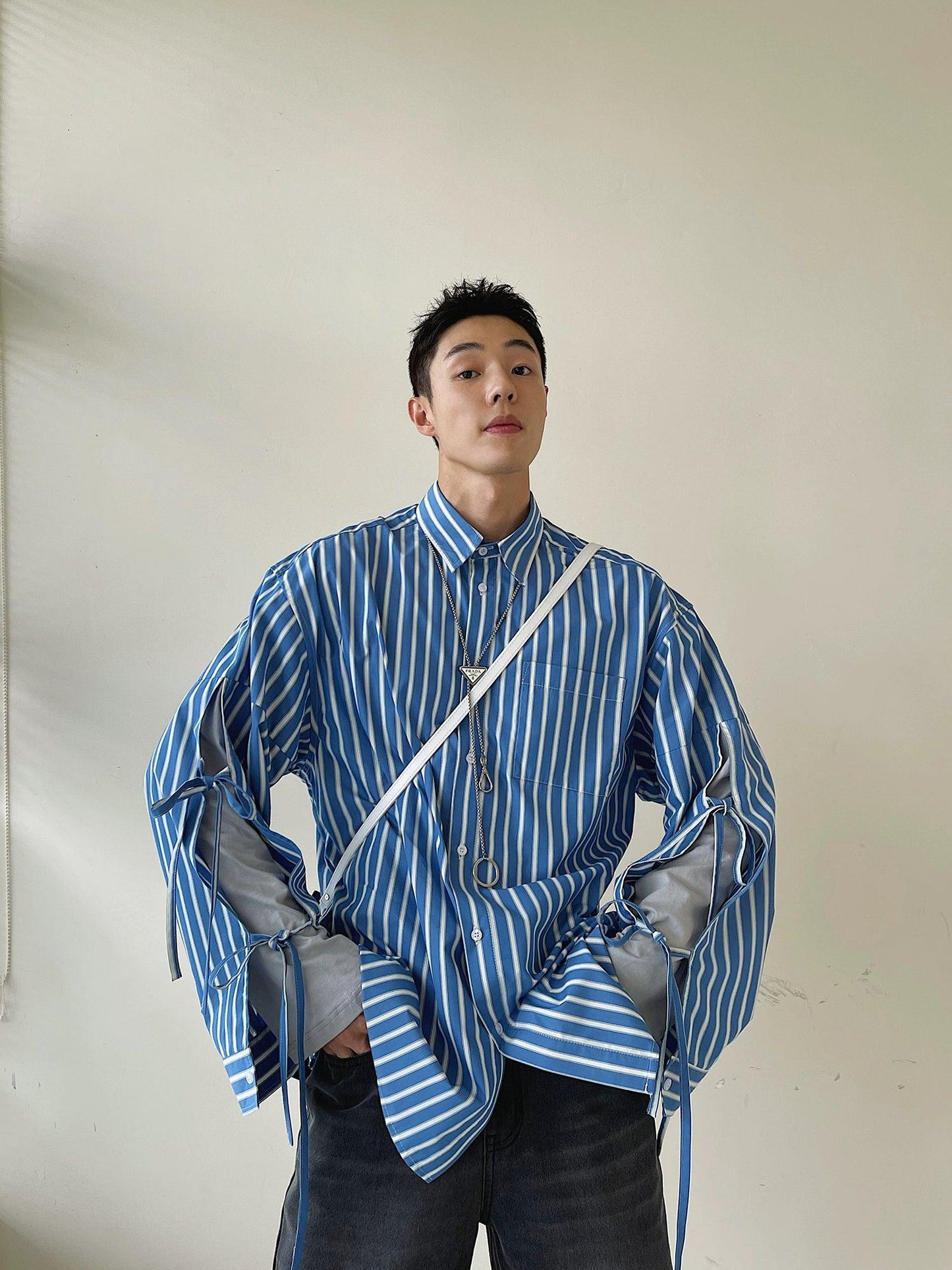 Weave Studio Blue Striped Oversized Button-Down Shirt - Long Sleeve Layered Cuff Loose Fit Shirt