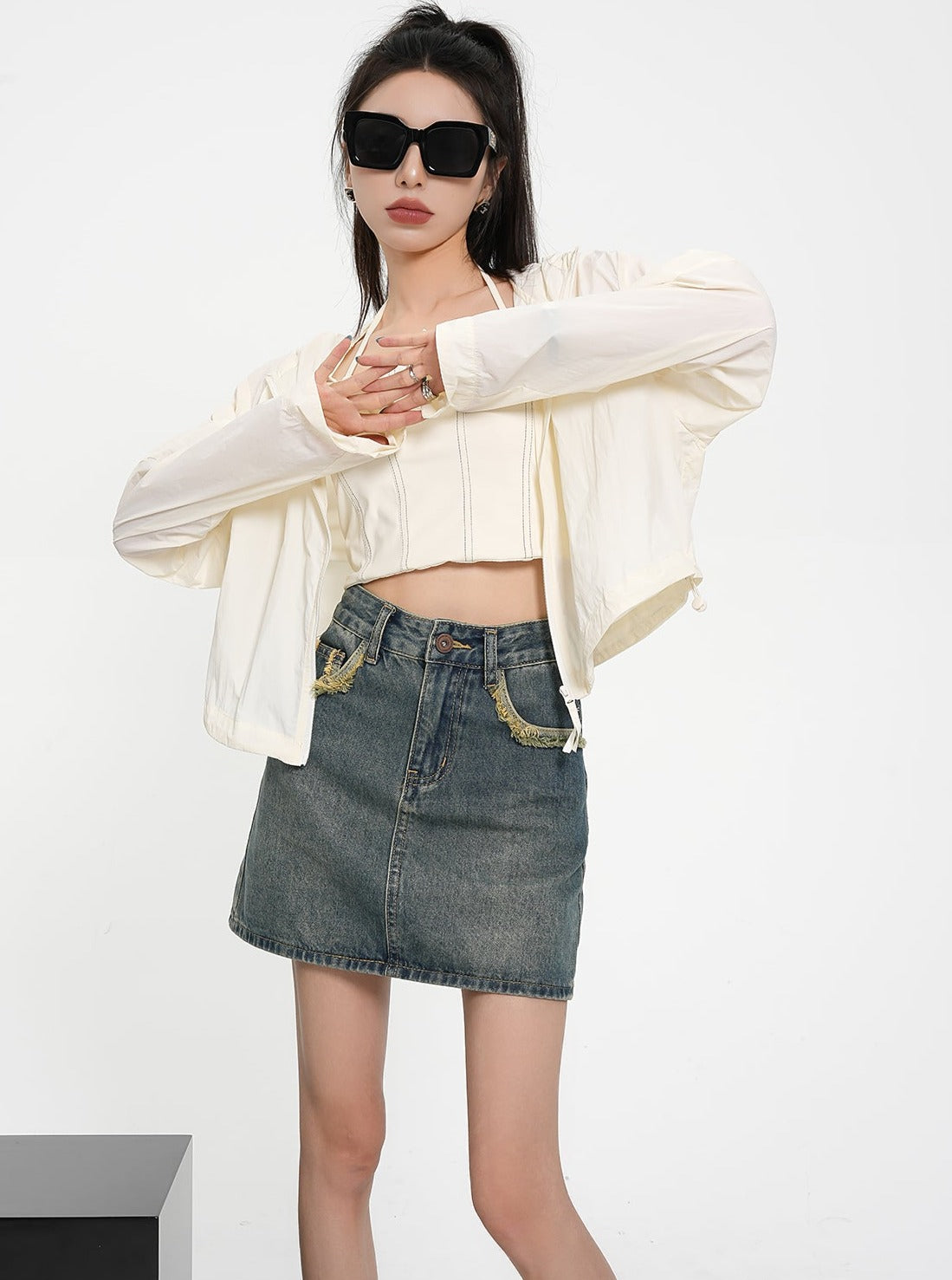 Vintage-Inspired Denim Mini Skirt - Two-Tone Patchwork Jean Skirt with Raw Hem