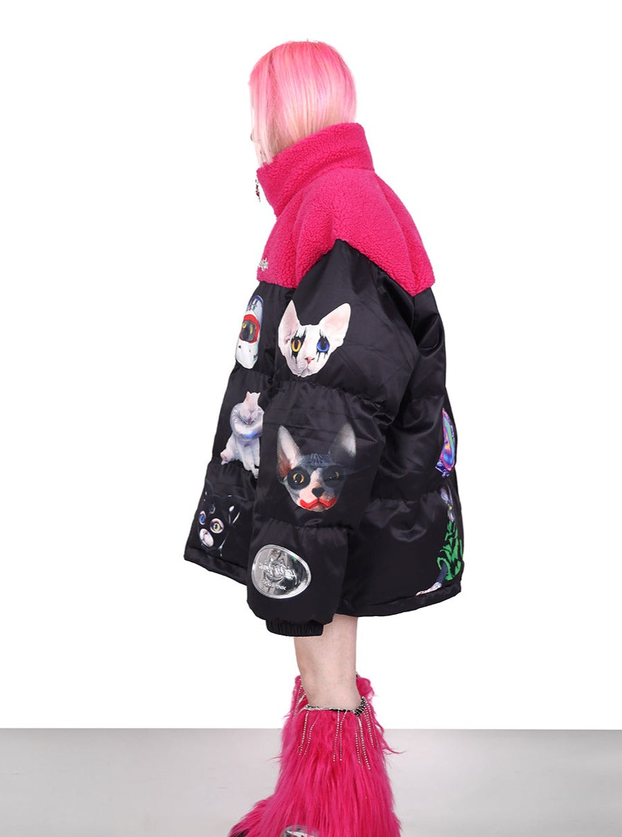 PINKSPINK Quirky Animal Collage Puffer Jacket - Black and Hot Pink