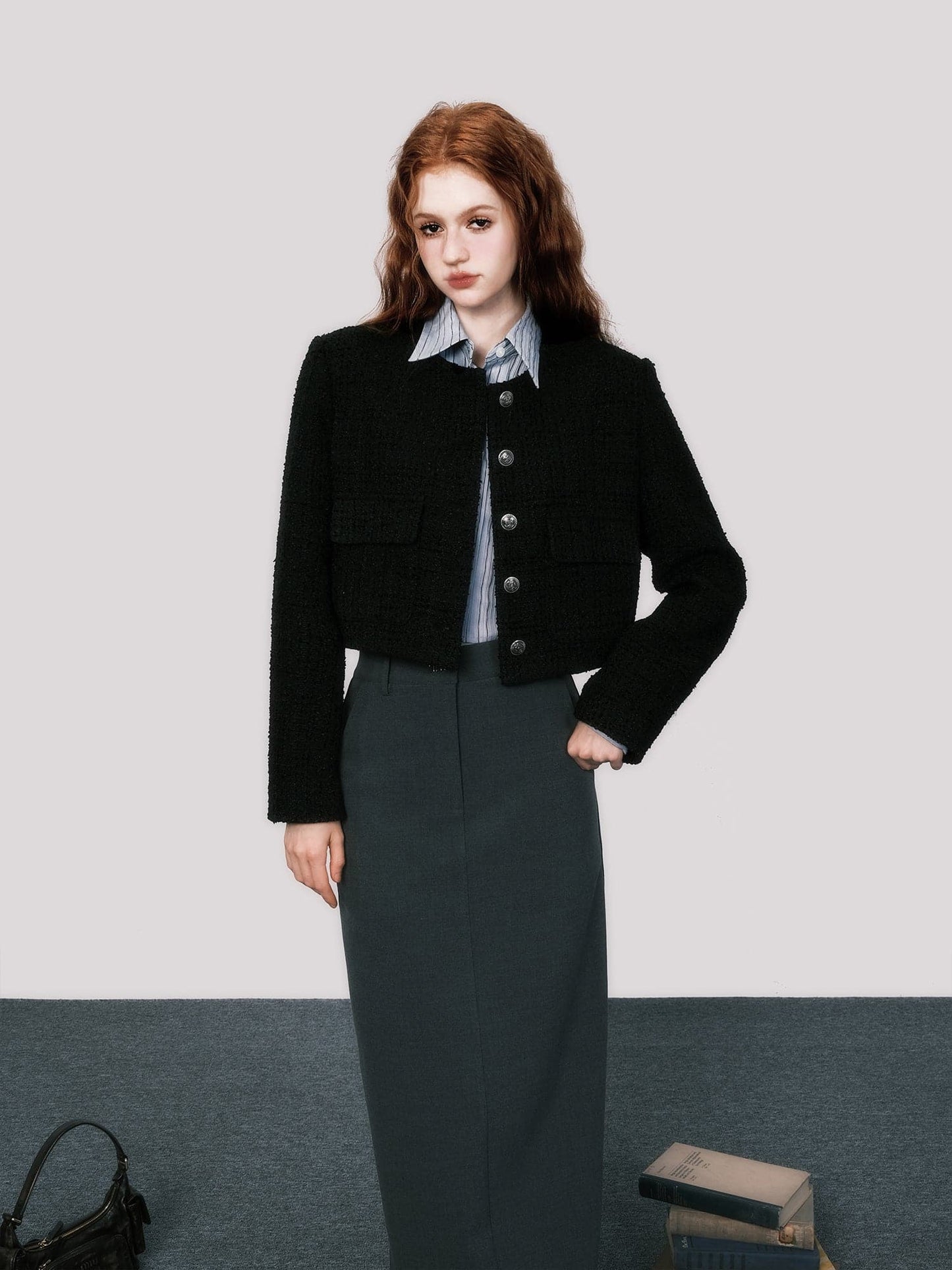 Sleek No-Collar Tweed Short Jacket