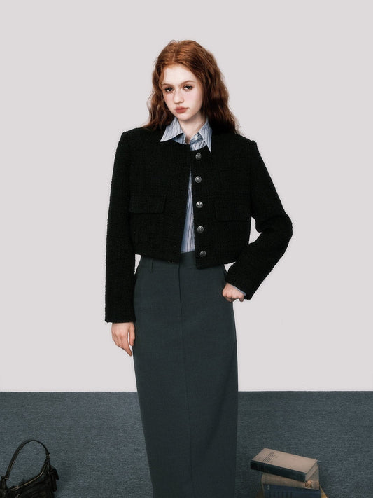 Sleek No-Collar Tweed Short Jacket