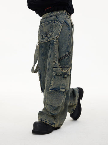 Detachable Suspender Washed Multi-Pocket Cargo Jeans