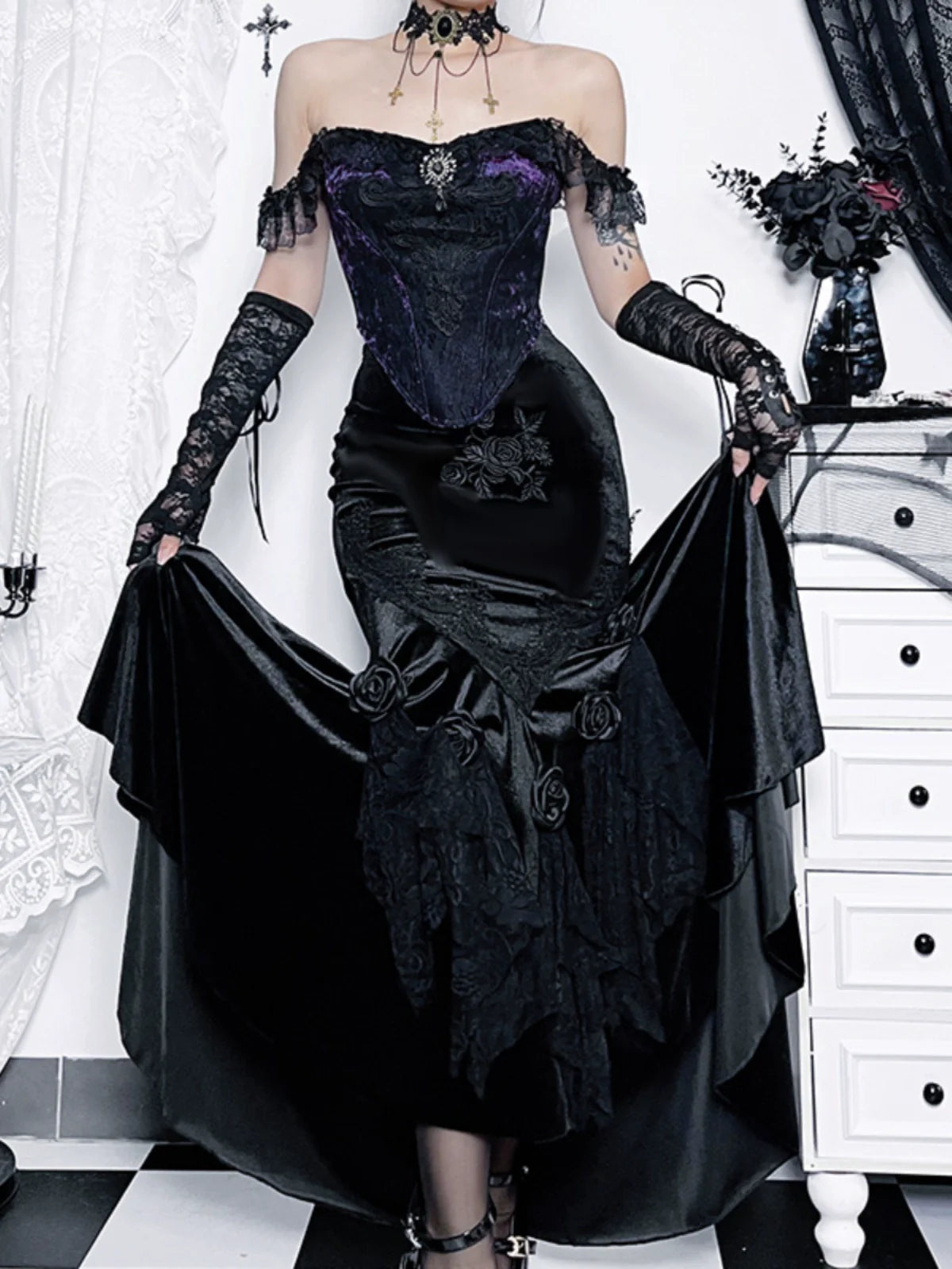 Wannathis Gothic Velvet Ensemble - Off-Shoulder Lace Bodysuit With Floral Mermaid Maxi Skirt