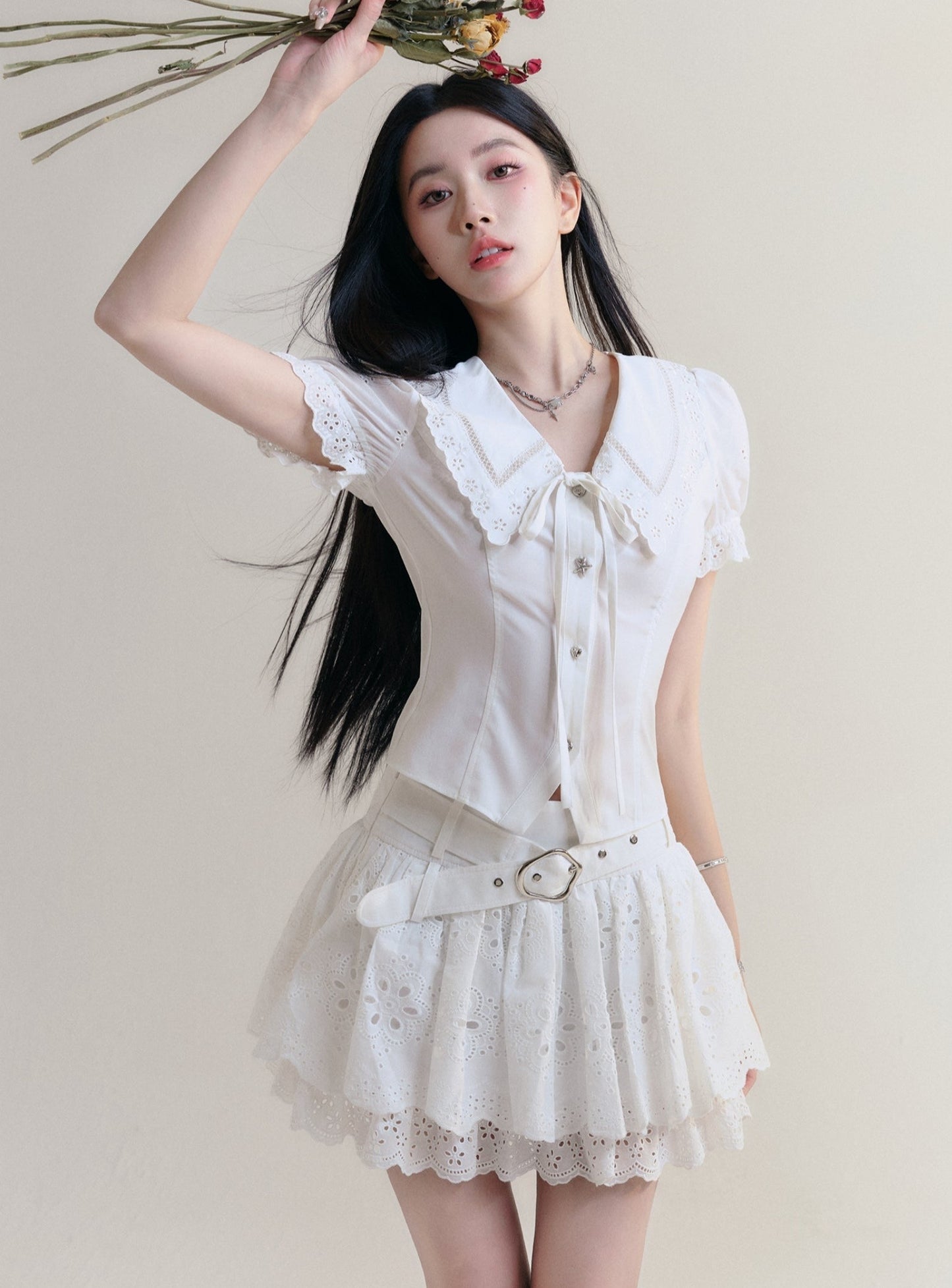 White Lace Collar Blouse and Eyelet Skirt Set