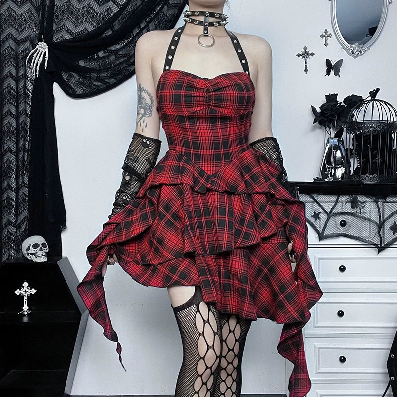 Wannathis Punk Tartan Mini Dress - Red Plaid Ruffle Tiered Goth Dress With Studded Harness