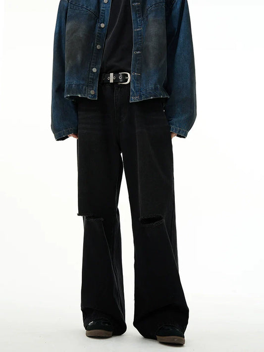 Edgy Distressed Wide-Leg Straight Jeans