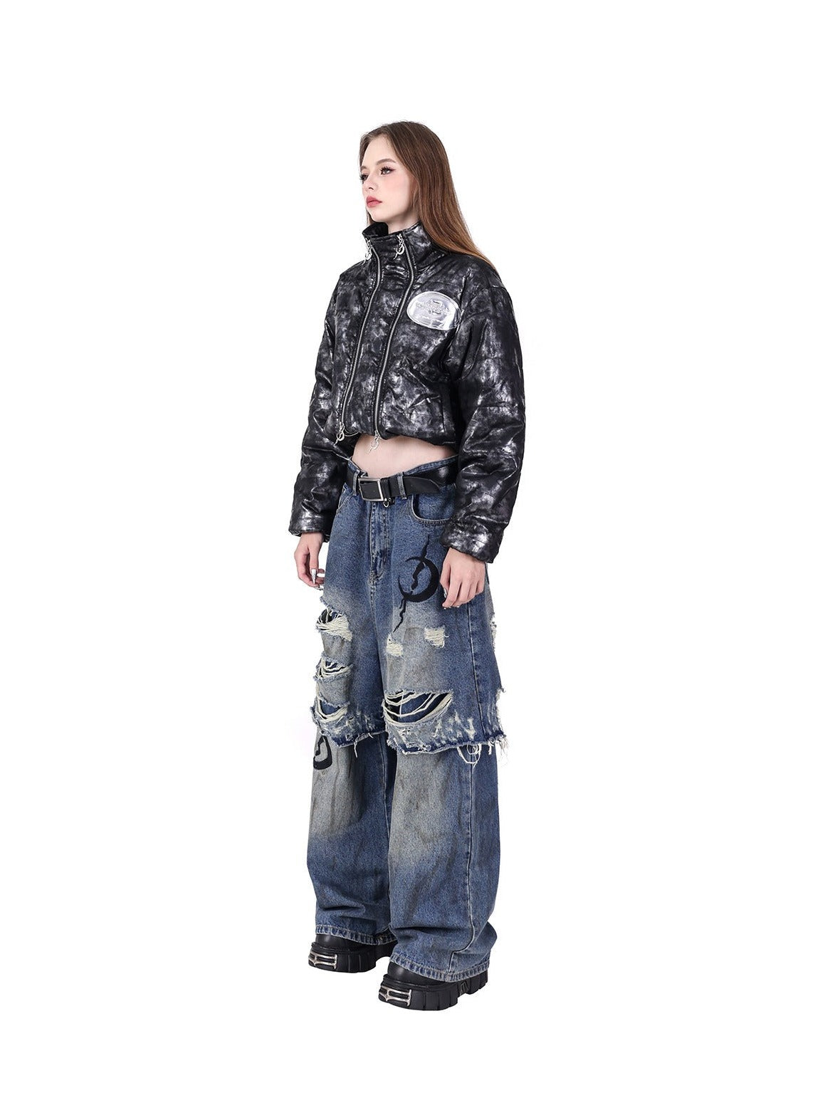 PINKSPINK Grunge Moon Layered Denim Jeans - Distressed Blue