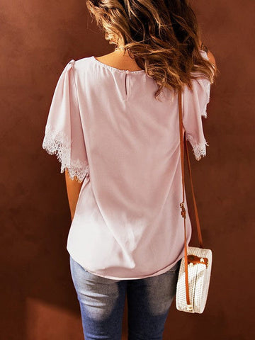 Lace Round Neck Patchwork Women's Short-Sleeved Pullover Top