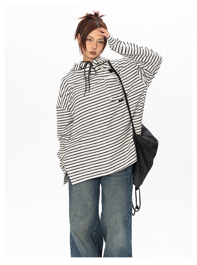 Striped Contrast Color Hooded T-Shirt