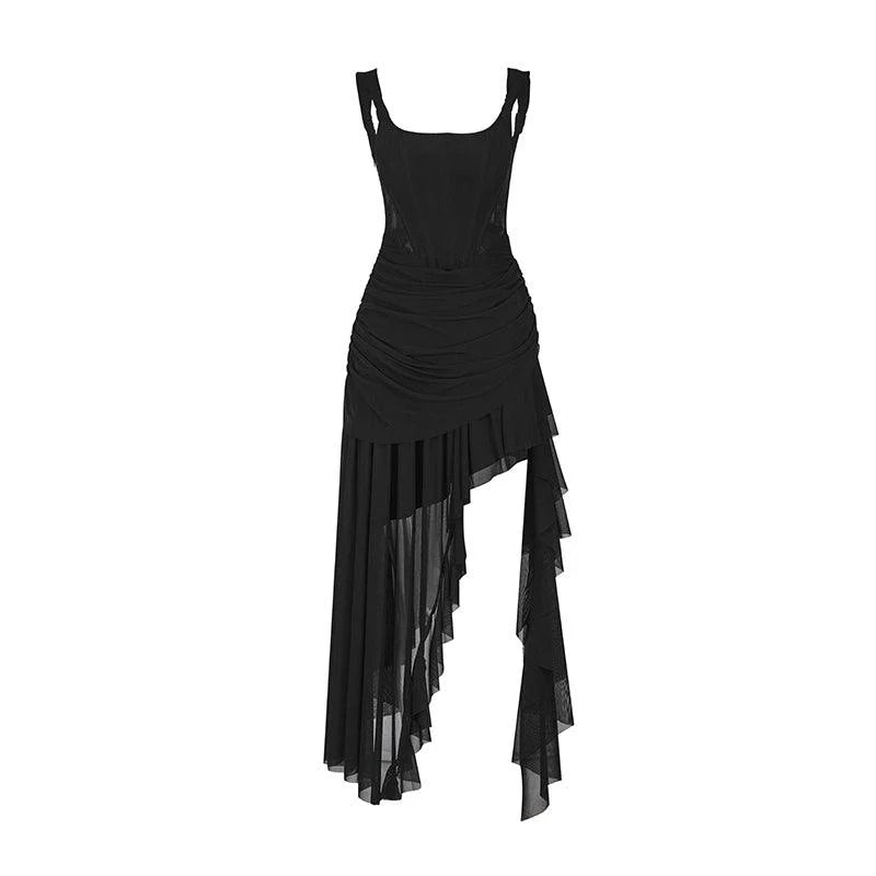 Strike A Pose Asymmetrical Ruched Evening Gown - Women'S Sleeveless Square Neck Dress With Dramatic Cascading Ruffles