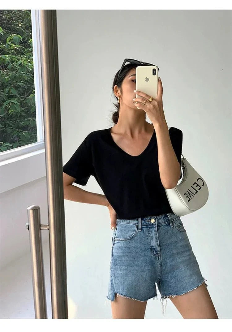 Summer Casual V-Neck White T-Shirt